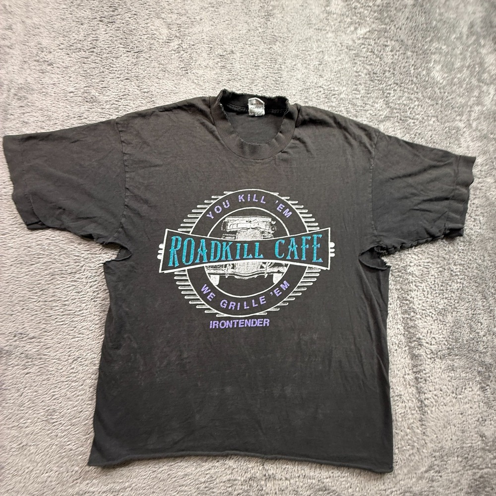 Vintage 90s FOTM Roadkill Cafe Thrashed Distressed Shirt Mens L Crew Neck Blk